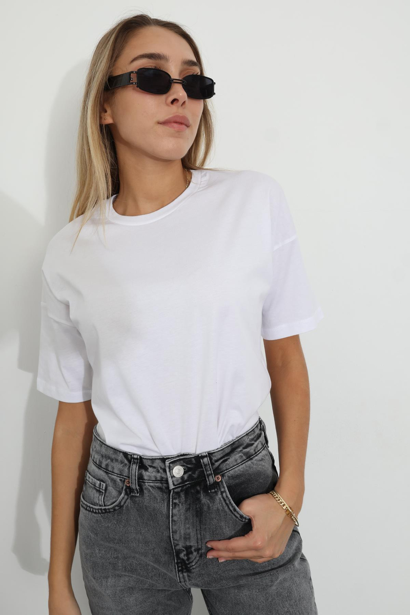 Beyaz Bisiklet Yaka Basic Tişört 3296