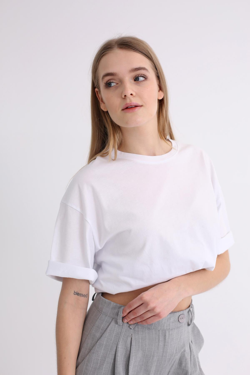 Beyaz Bisiklet Yaka Oversize Tshirt 