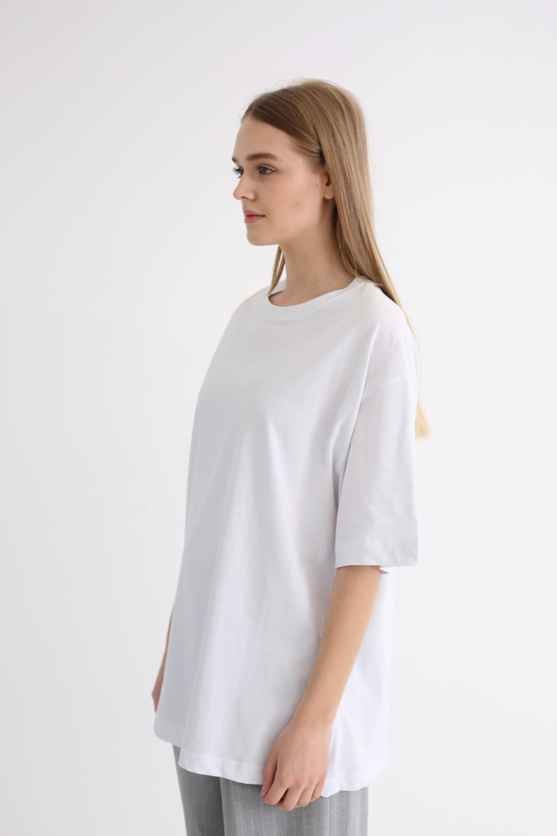 Beyaz Bisiklet Yaka Oversize Tshirt 