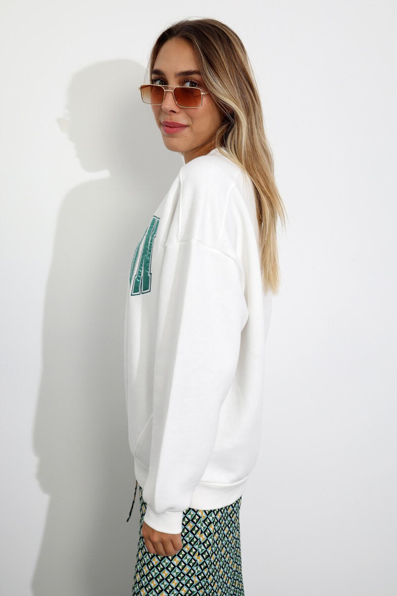 Beyaz Boston Nakışlı Sweatshirt 