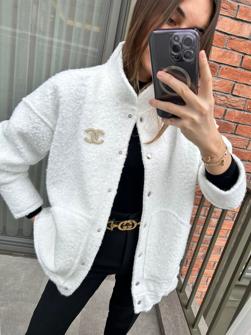 Beyaz Buklet Bomber Ceket 54313