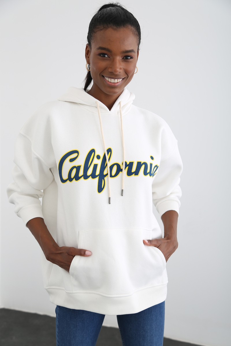 Beyaz California Baskılı Şardonlu Sweatshirt 0184
