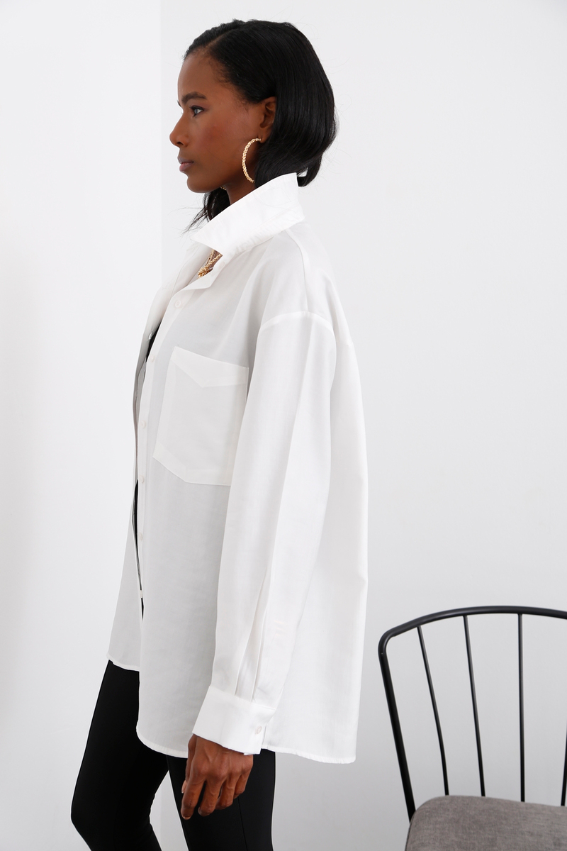 Beyaz Çift Cepli Oversize Gömlek 3278