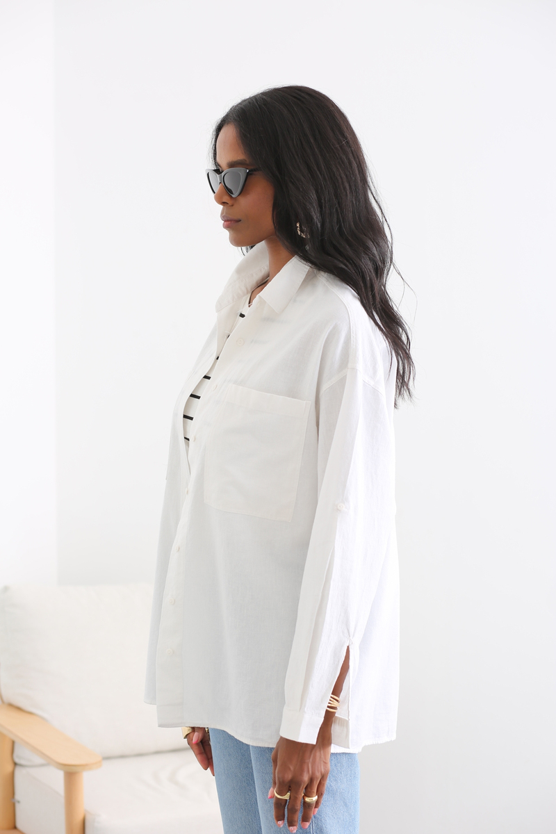 Beyaz Çift Cepli Oversize Gömlek 3923