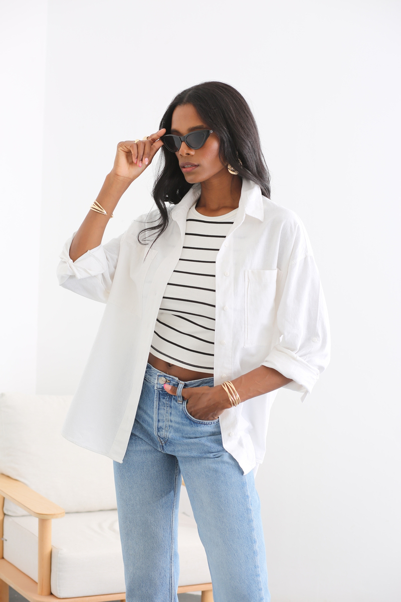 Beyaz Çift Cepli Oversize Gömlek 3923