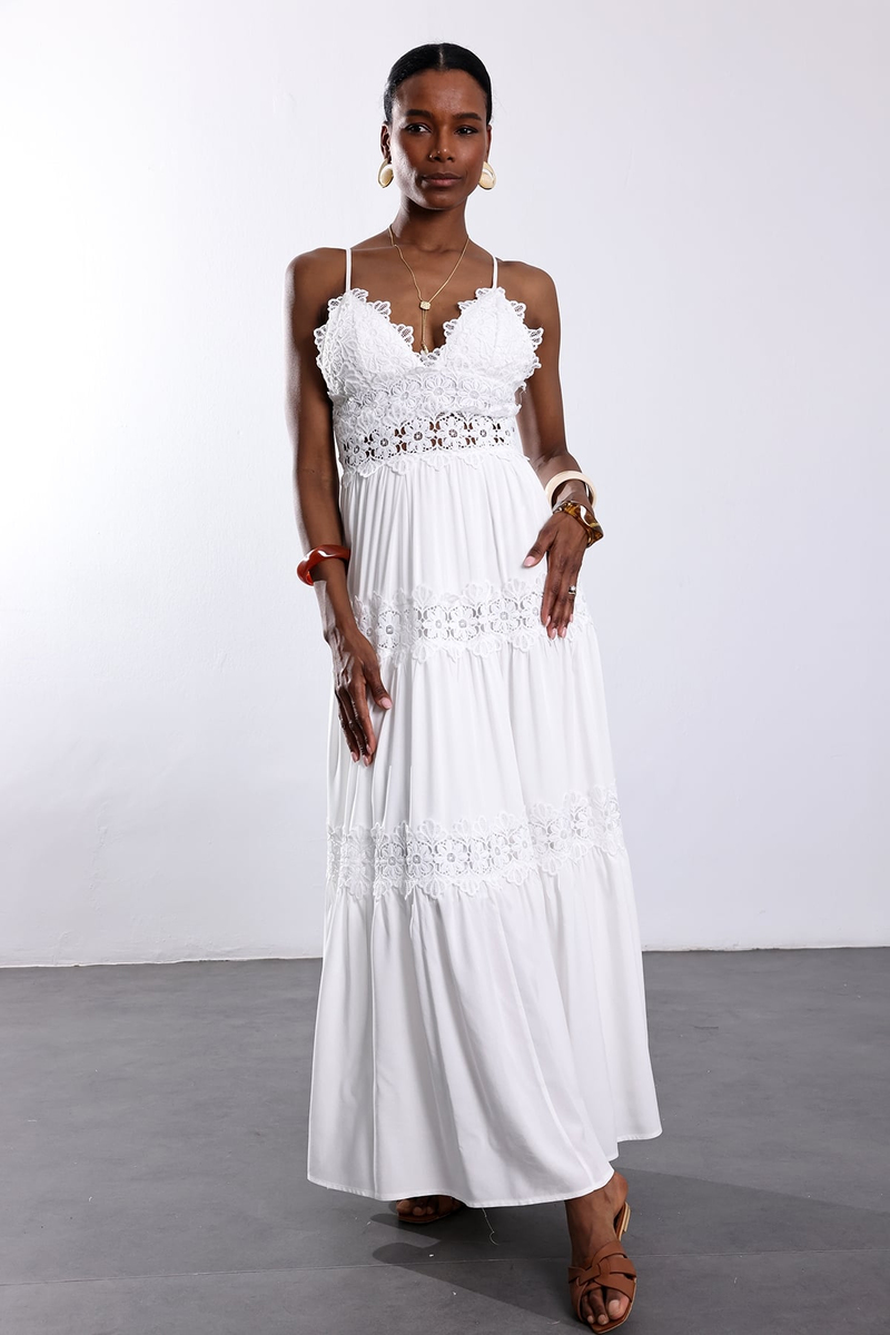 Beyaz Dantelli Maxi Elbise 39856