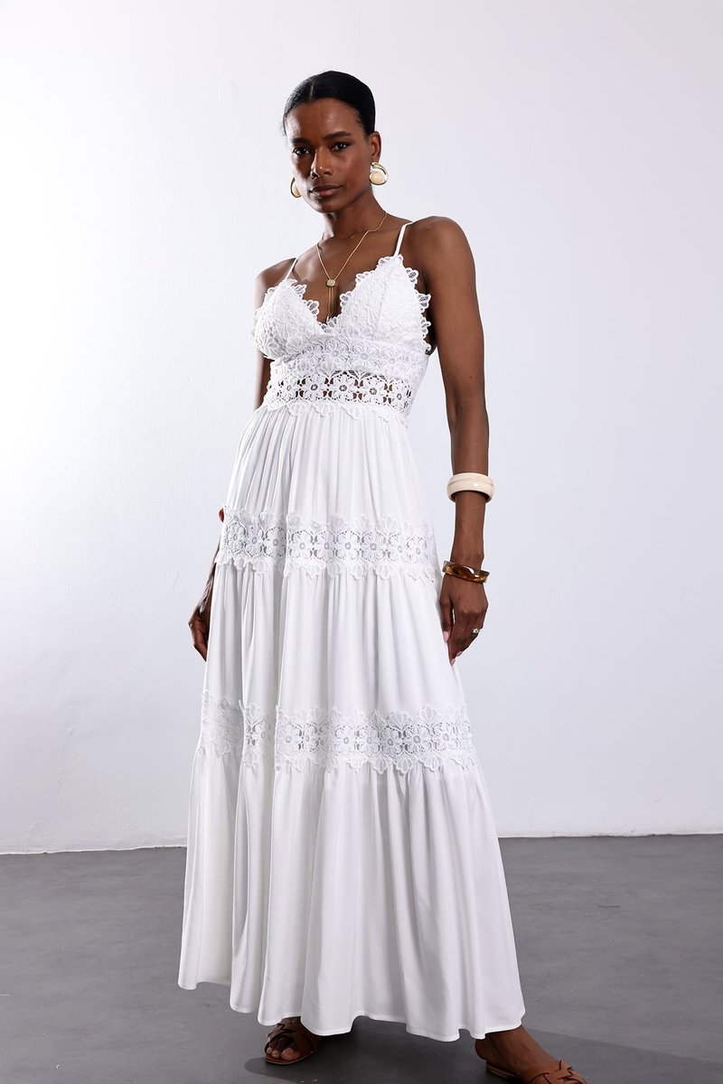 Beyaz Dantelli Maxi Elbise 39856