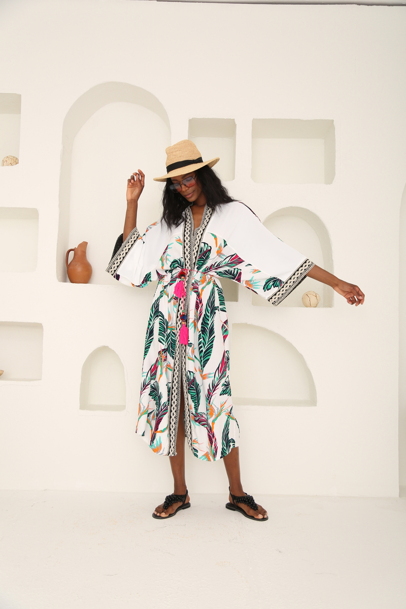 Beyaz Desenli Kimono 
