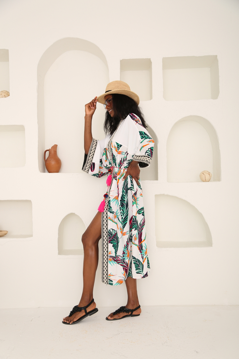 Beyaz Desenli Kimono 