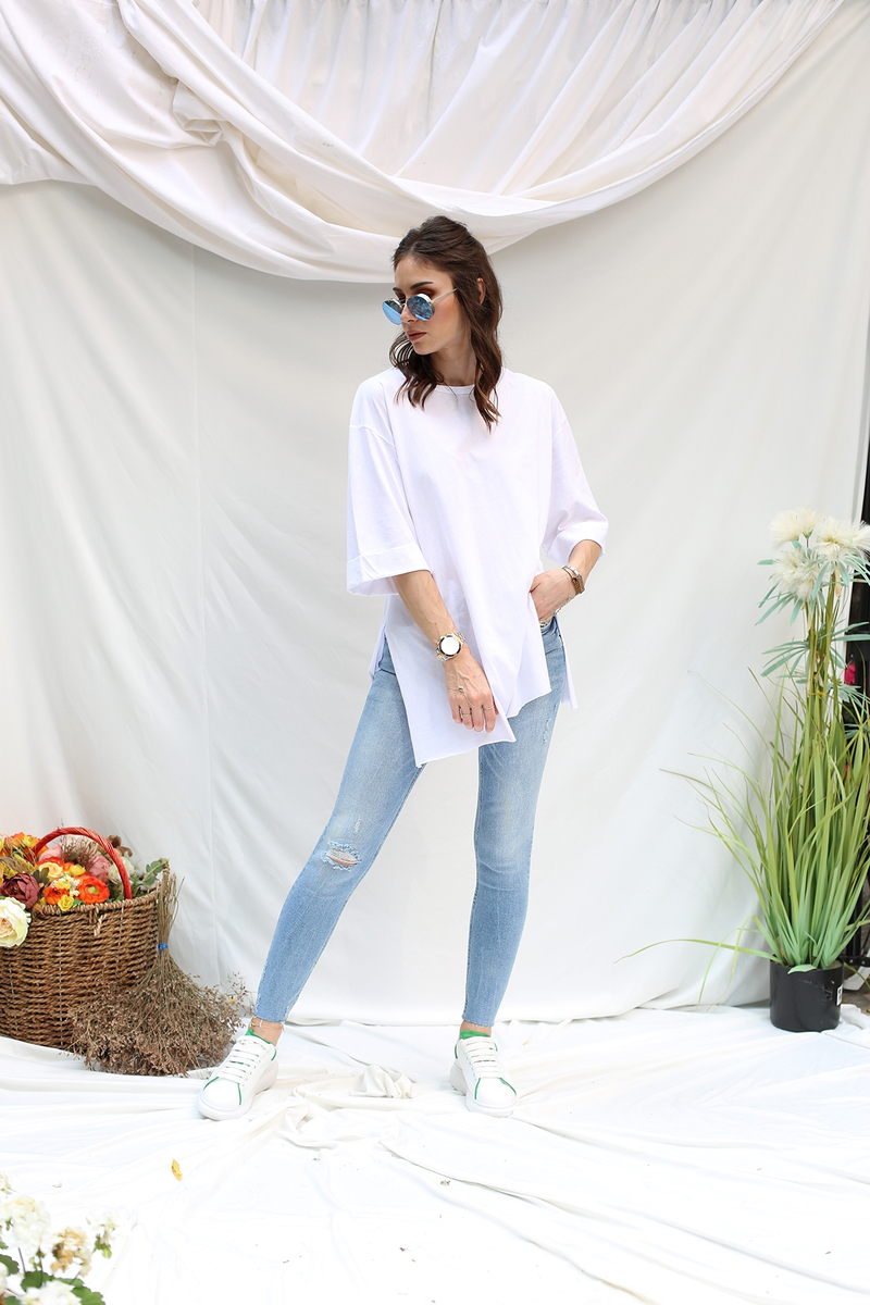 Beyaz Duble Kol Boyfriend Tshirt