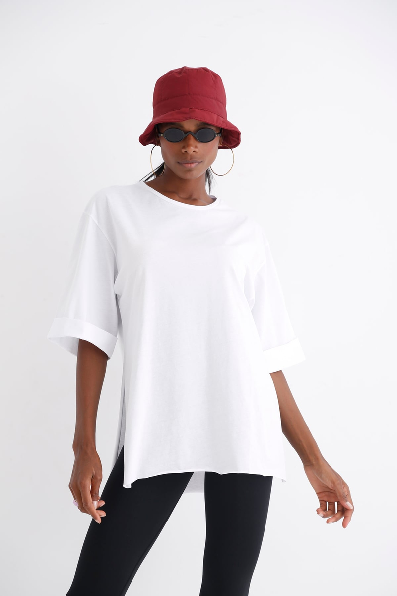 Beyaz Duble Kol Yırtmaçlı Tshirt 3285