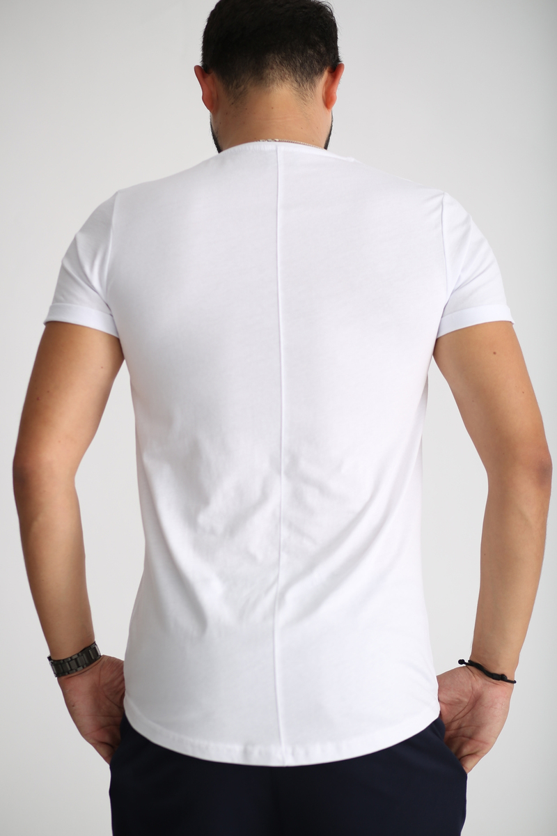 Beyaz Erkek Duble Kol Bisiklet Yaka Tshirt 