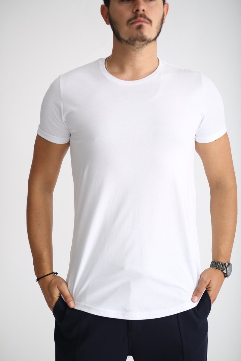Beyaz Erkek Duble Kol Bisiklet Yaka Tshirt 