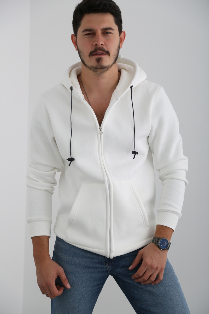 Beyaz Erkek Fermuarlı Sweatshirt K-232