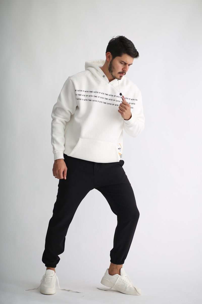 Beyaz Erkek Kapşonlu Sweatshirt K-283
