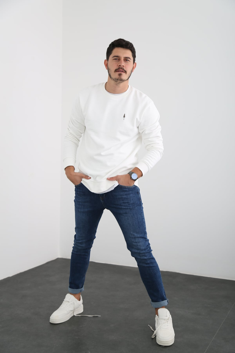 Beyaz Erkek Şardonlu Basic Sweatshirt 863