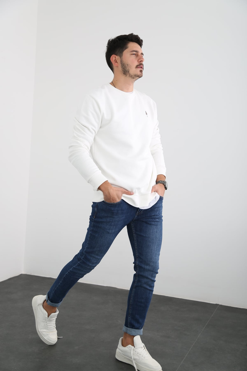 Beyaz Erkek Şardonlu Basic Sweatshirt 863