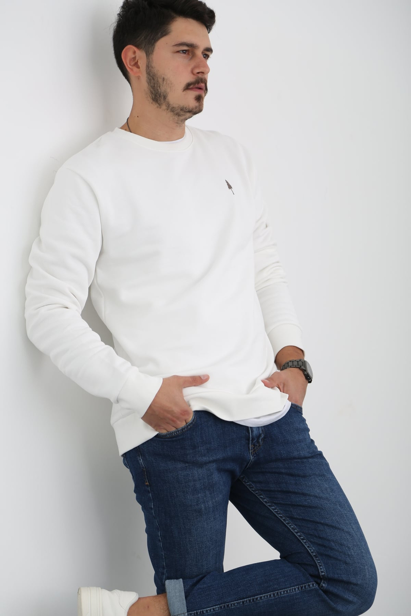 Beyaz Erkek Şardonlu Basic Sweatshirt 863