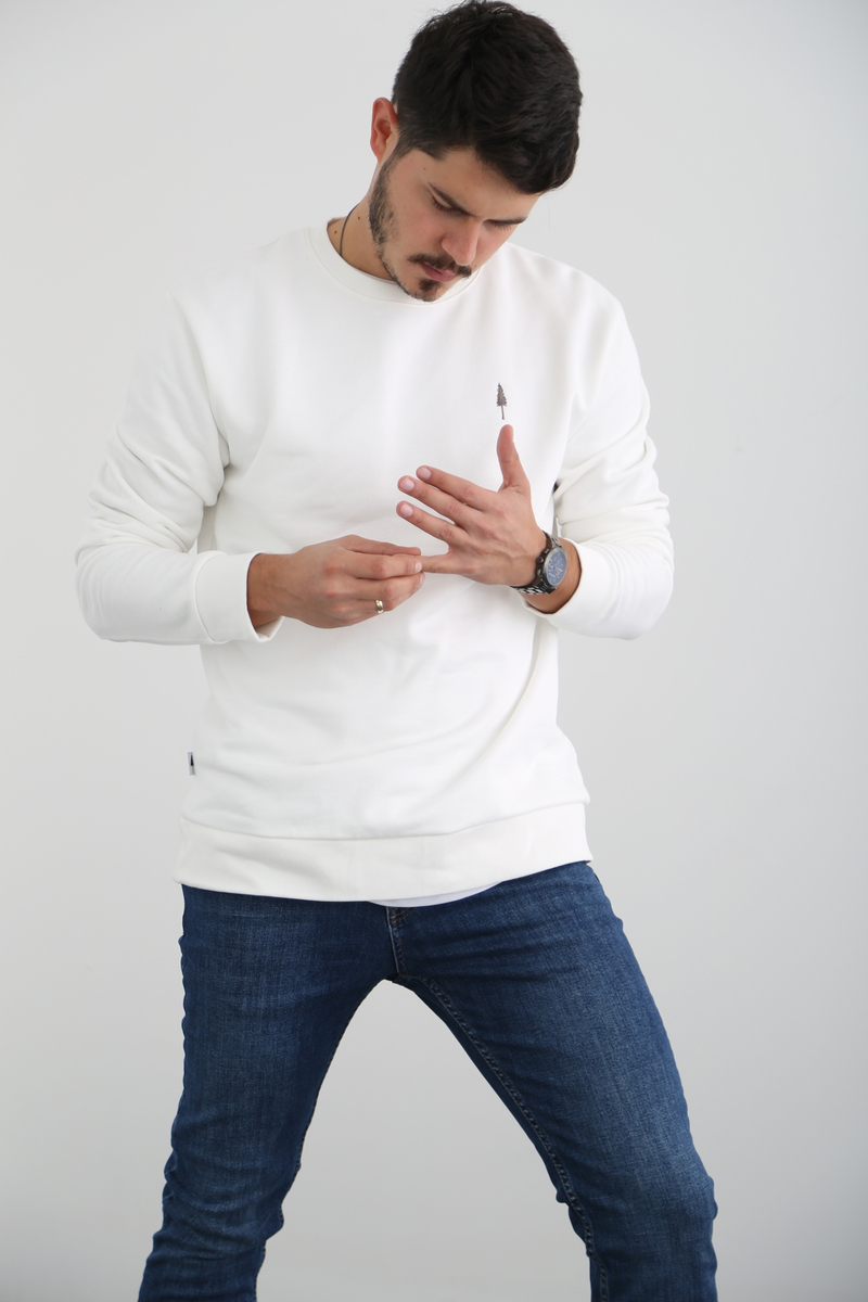 Beyaz Erkek Şardonlu Basic Sweatshirt 863