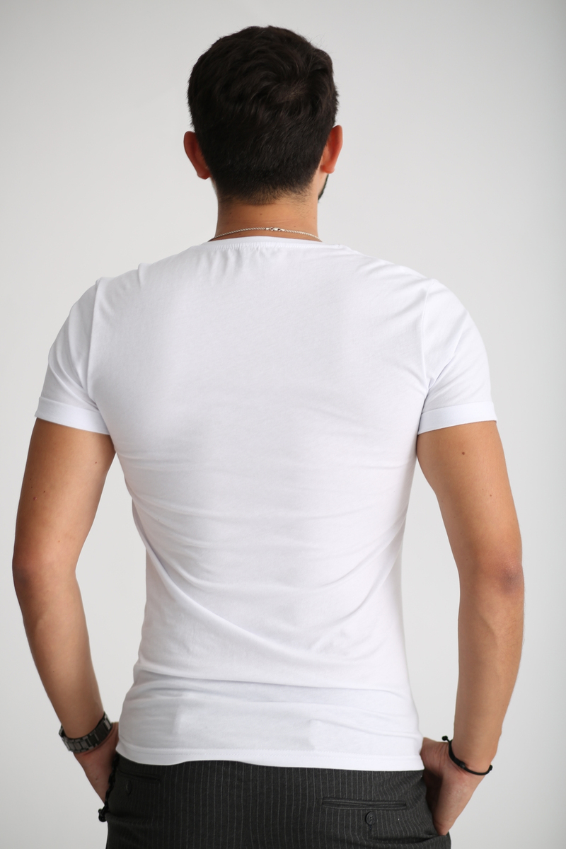 Beyaz Erkek V Yaka Duble Kol Tshirt 