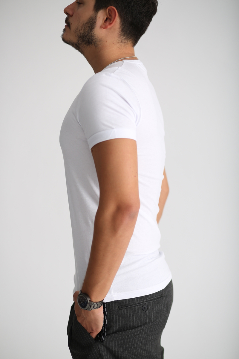 Beyaz Erkek V Yaka Duble Kol Tshirt 