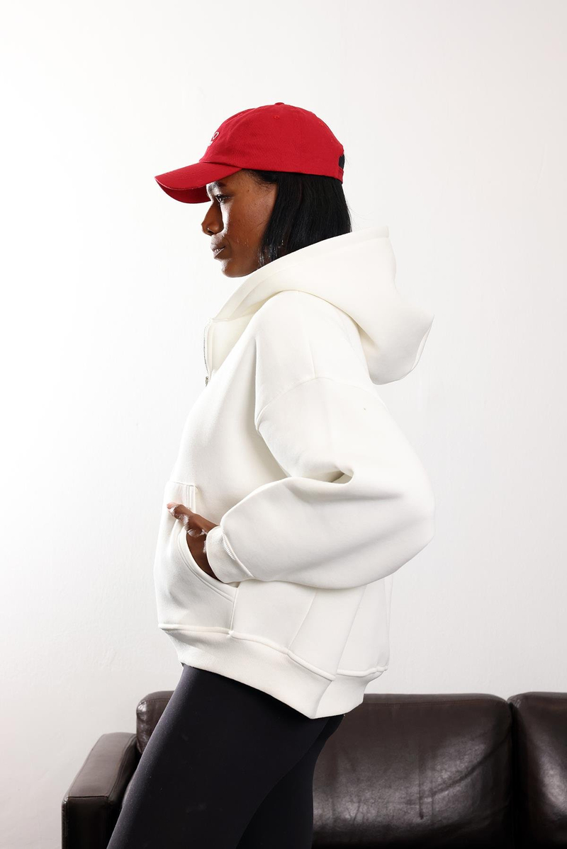Beyaz Fermuarlı Kapüşonlu Sweatshirt 10822