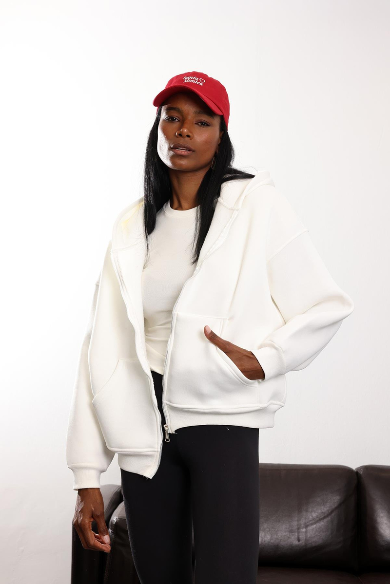 Beyaz Fermuarlı Kapüşonlu Sweatshirt 10822