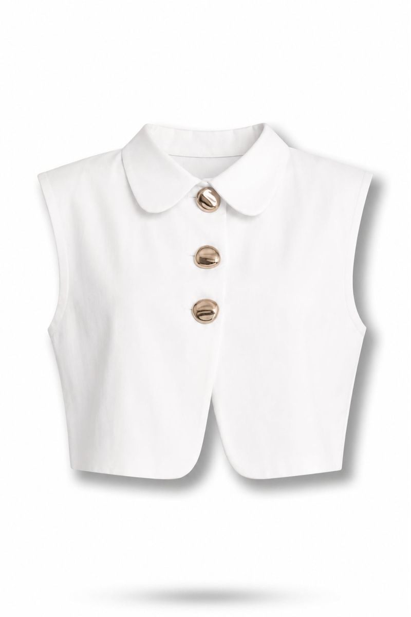 Beyaz Gold Düğmeli Crop Yelek 8419