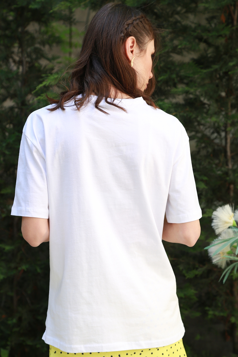 Beyaz Gözlük Baskılı Tshirt