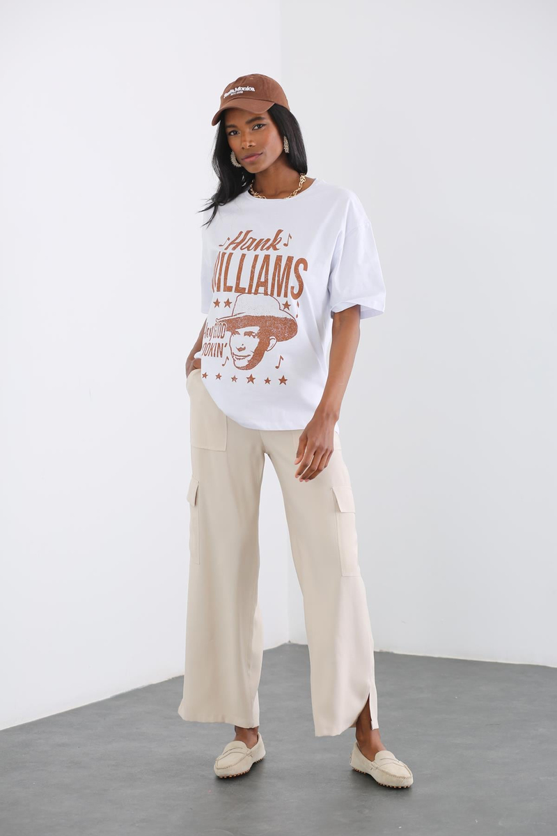 Beyaz Hank Williams Baskılı Tshirt 
