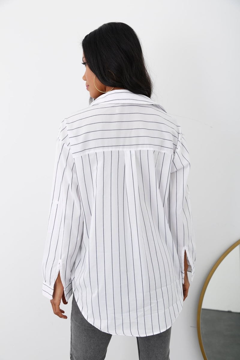 Beyaz İnce Çizgili Oversize Gömlek 4074