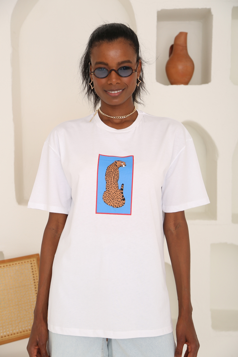Beyaz Kaplan Baskılı Tshirt 3433