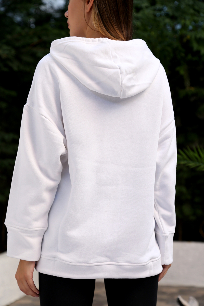 Beyaz Kapşonlu Sweatshirt