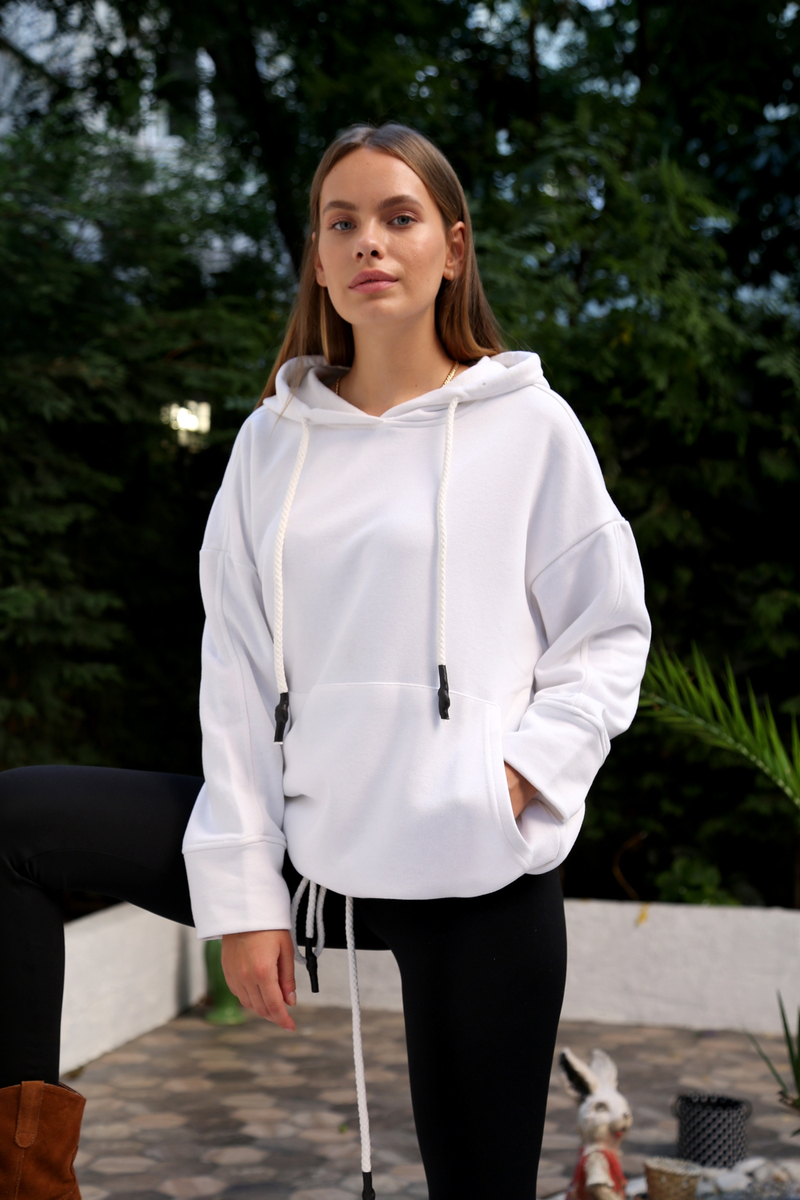Beyaz Kapşonlu Sweatshirt
