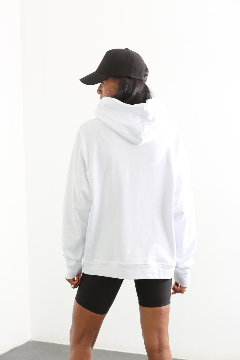 Beyaz Kapüşonlu Kanguru Sweatshirt 