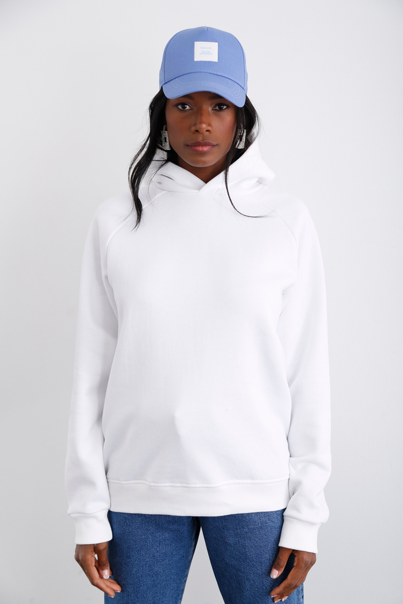 Beyaz Kapüşonlu Şardonlu Sweatshirt 