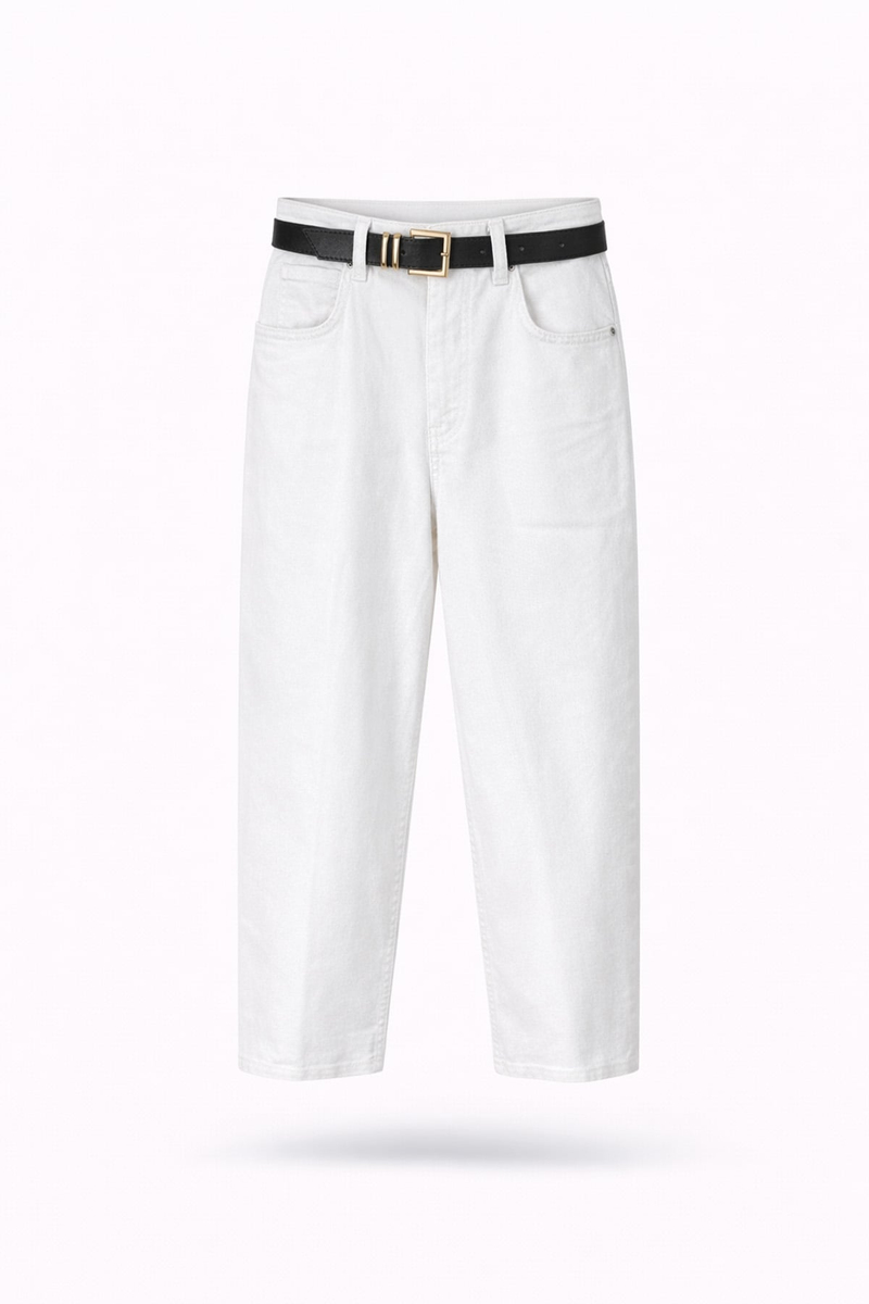 Beyaz Kemerli Baggy Jean 3010
