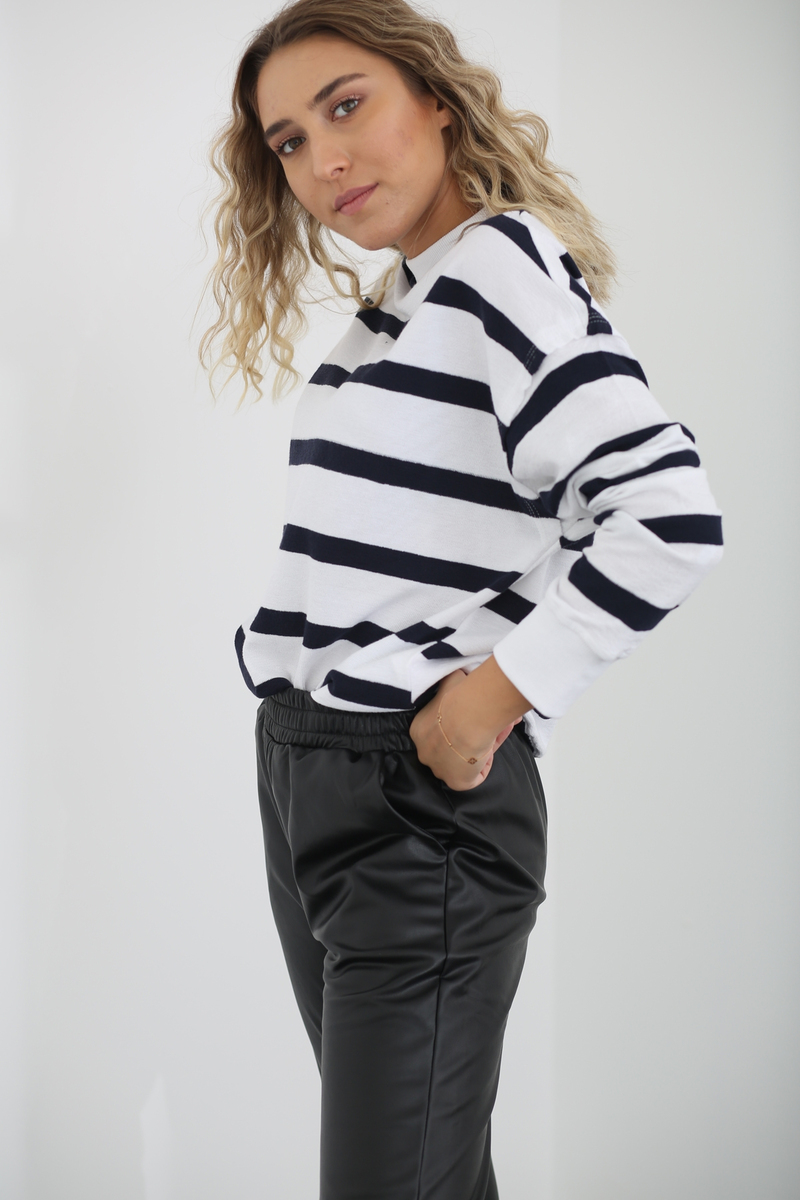 Beyaz-Lacivert Çizgili Basic Sweatshirt 262