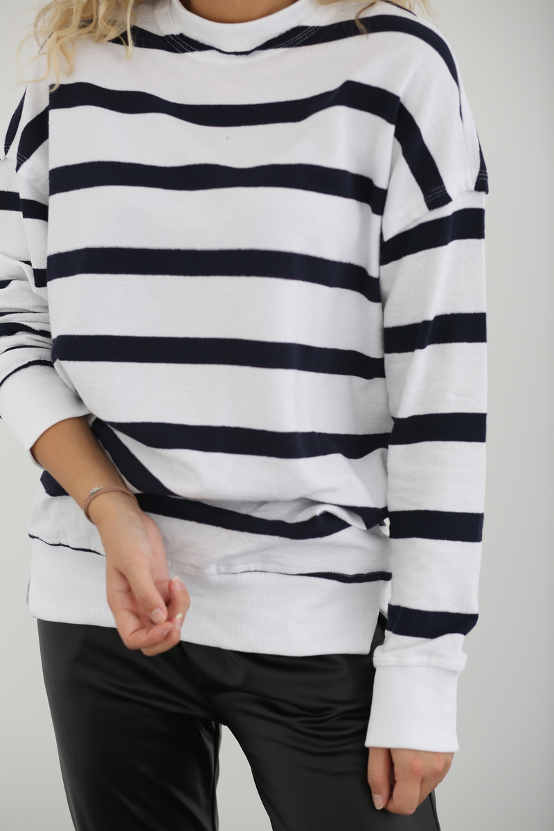 Beyaz-Lacivert Çizgili Basic Sweatshirt 262