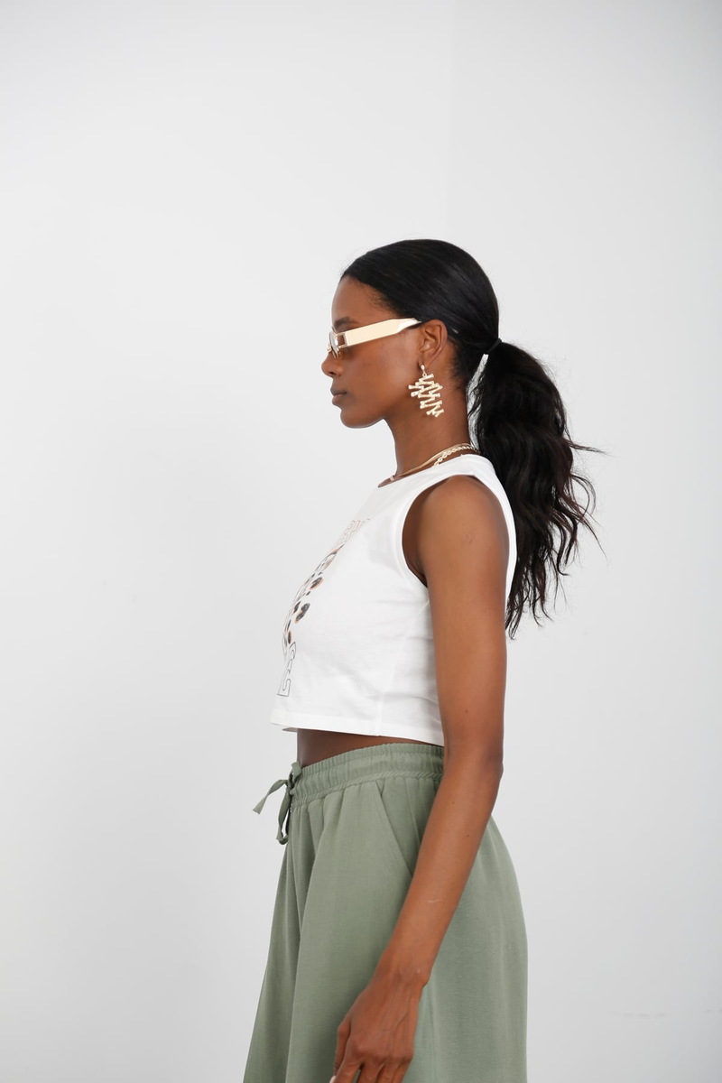 Beyaz Leopar Baskılı Crop Tshirt 19169