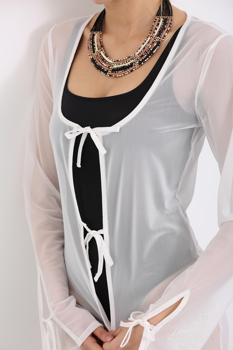 Beyaz Maxi Boy Tül Kimono 