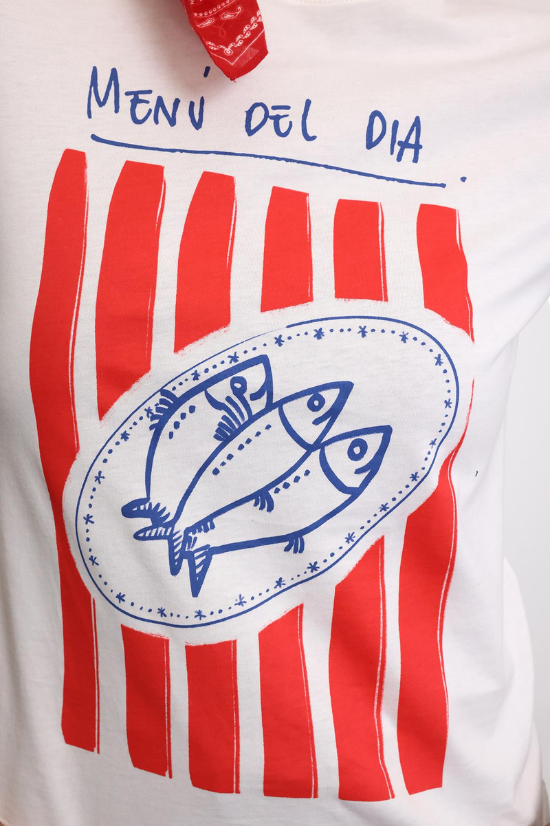 Beyaz Menu Del Dıa Baskılı Tişört 