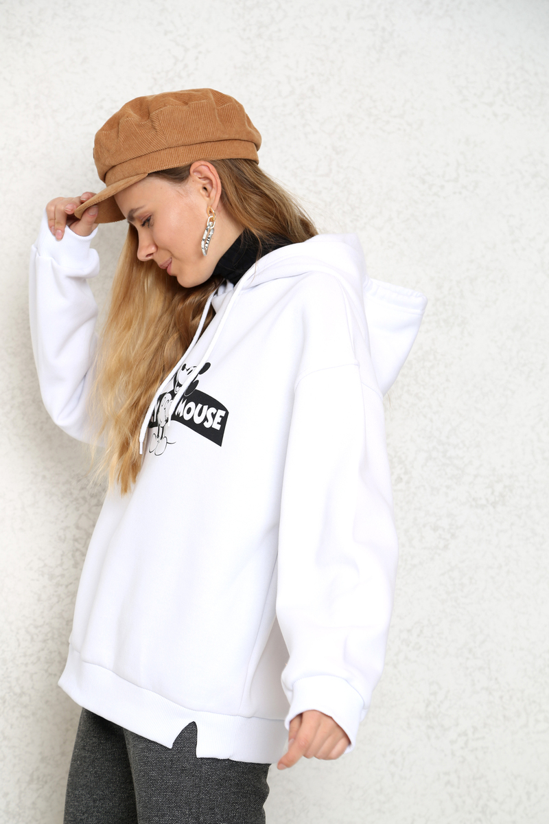 Beyaz Mickey Mouse Baskılı Kapşonlu Sweatshirt