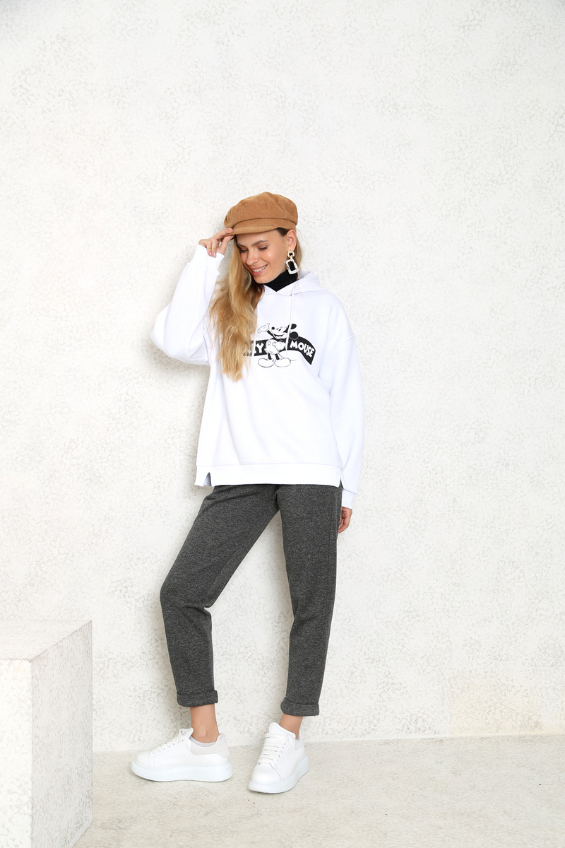 Beyaz Mickey Mouse Baskılı Kapşonlu Sweatshirt