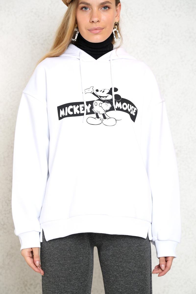 Beyaz Mickey Mouse Baskılı Kapşonlu Sweatshirt