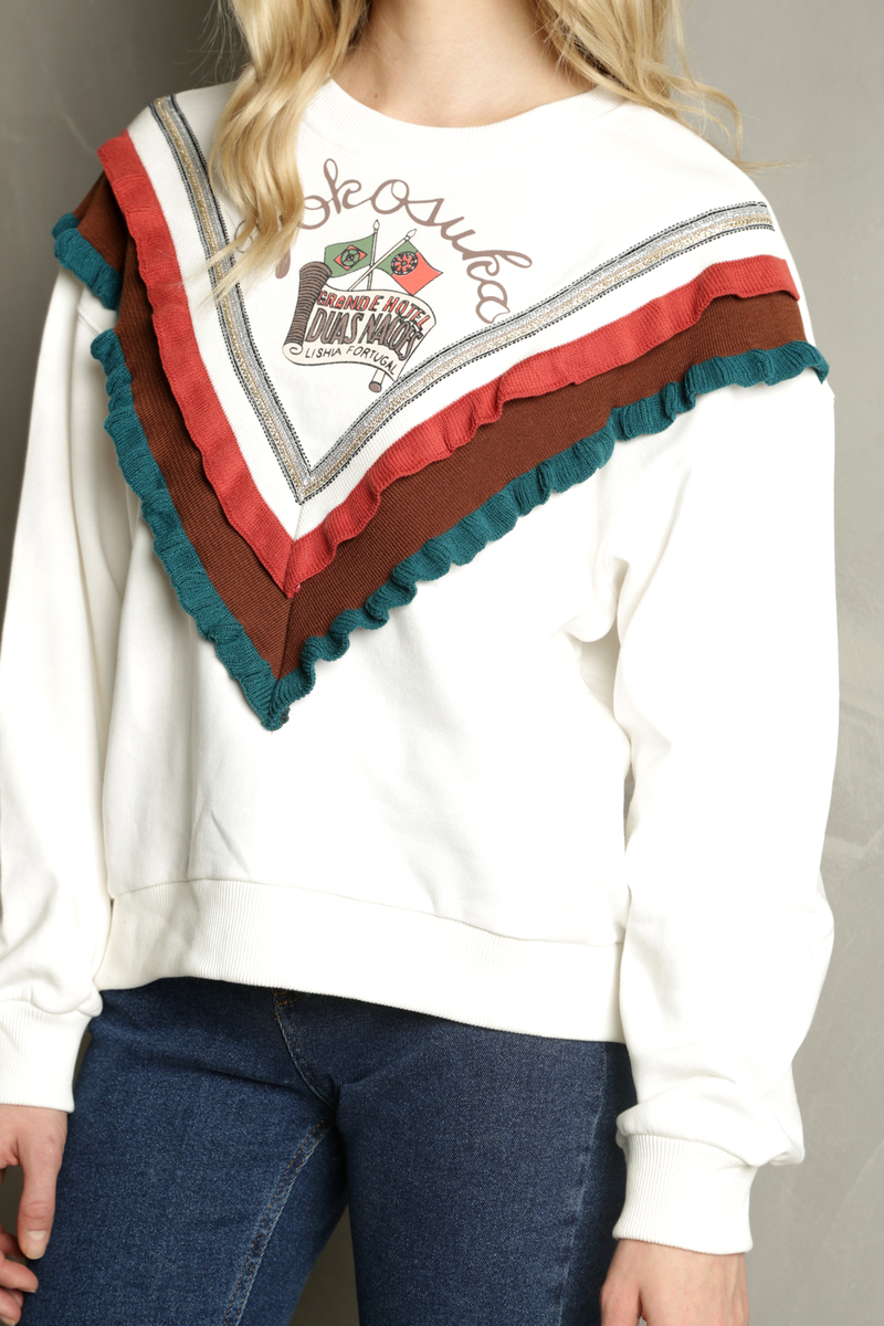 Beyaz Önü Fırfırlı Sweatshirt