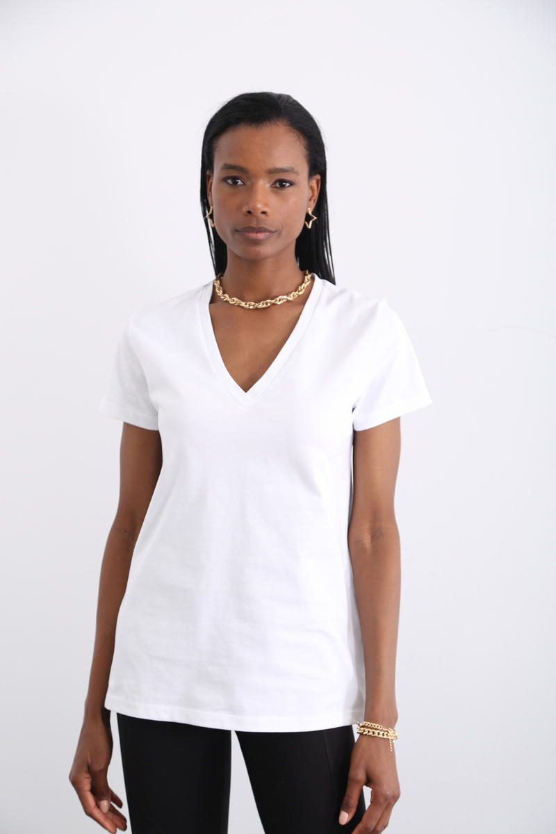 Beyaz Organik V Yaka Tshirt 