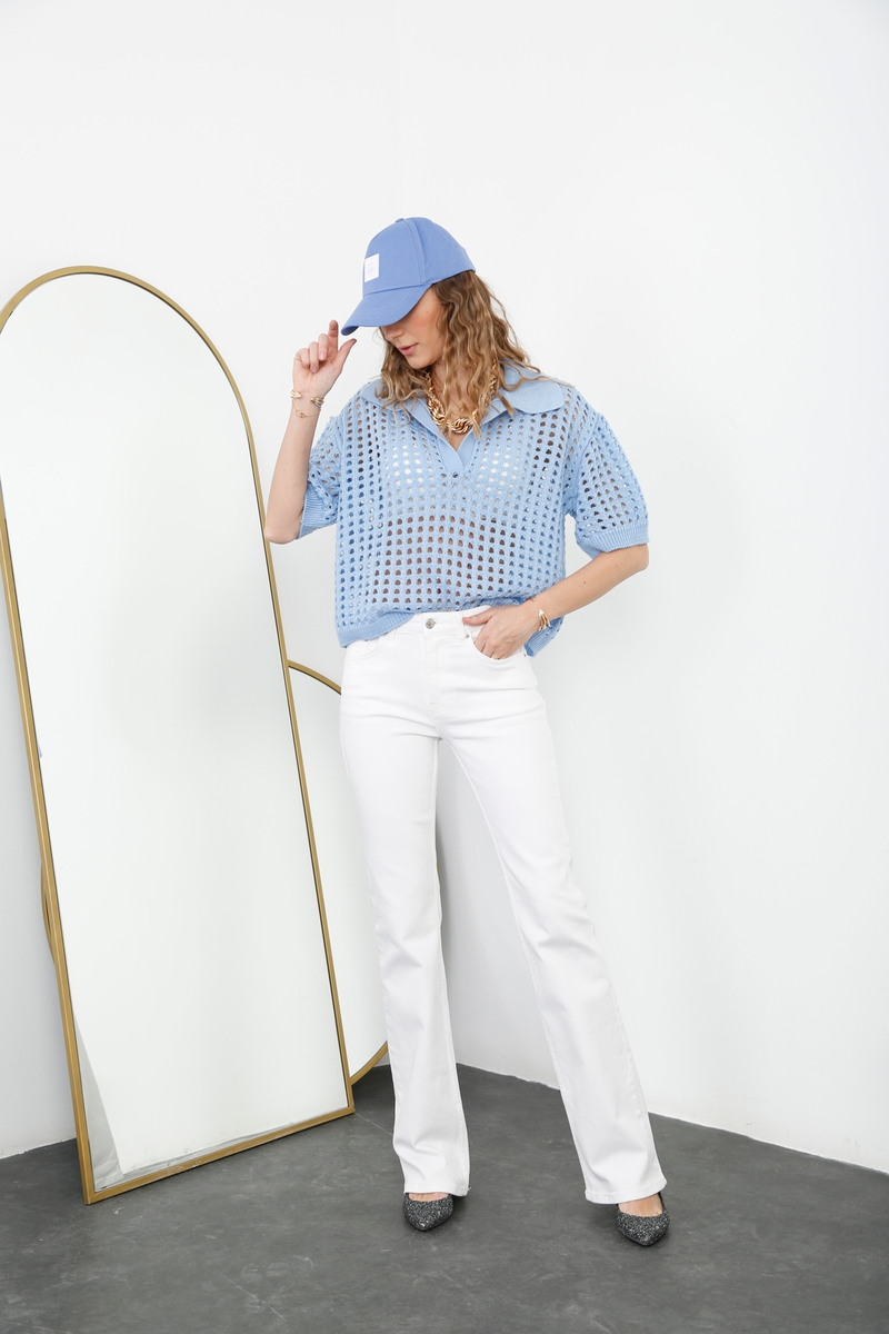 Beyaz Orta Bel Straight Fit Jean 2566