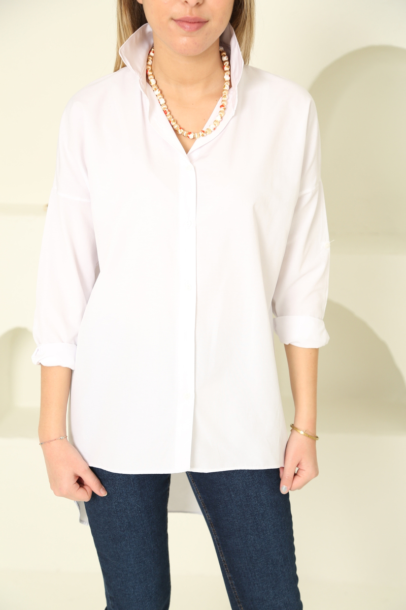 Beyaz Oversize Arkası Uzun Gömlek 3193