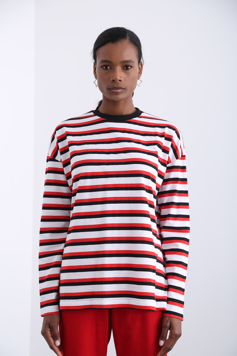 Beyaz Oversize Çizgili Tshirt 